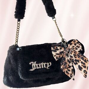 Juicy Couture Fluffy Shoulder Bag In Licorice Black + Leopard Bow Bag Charm